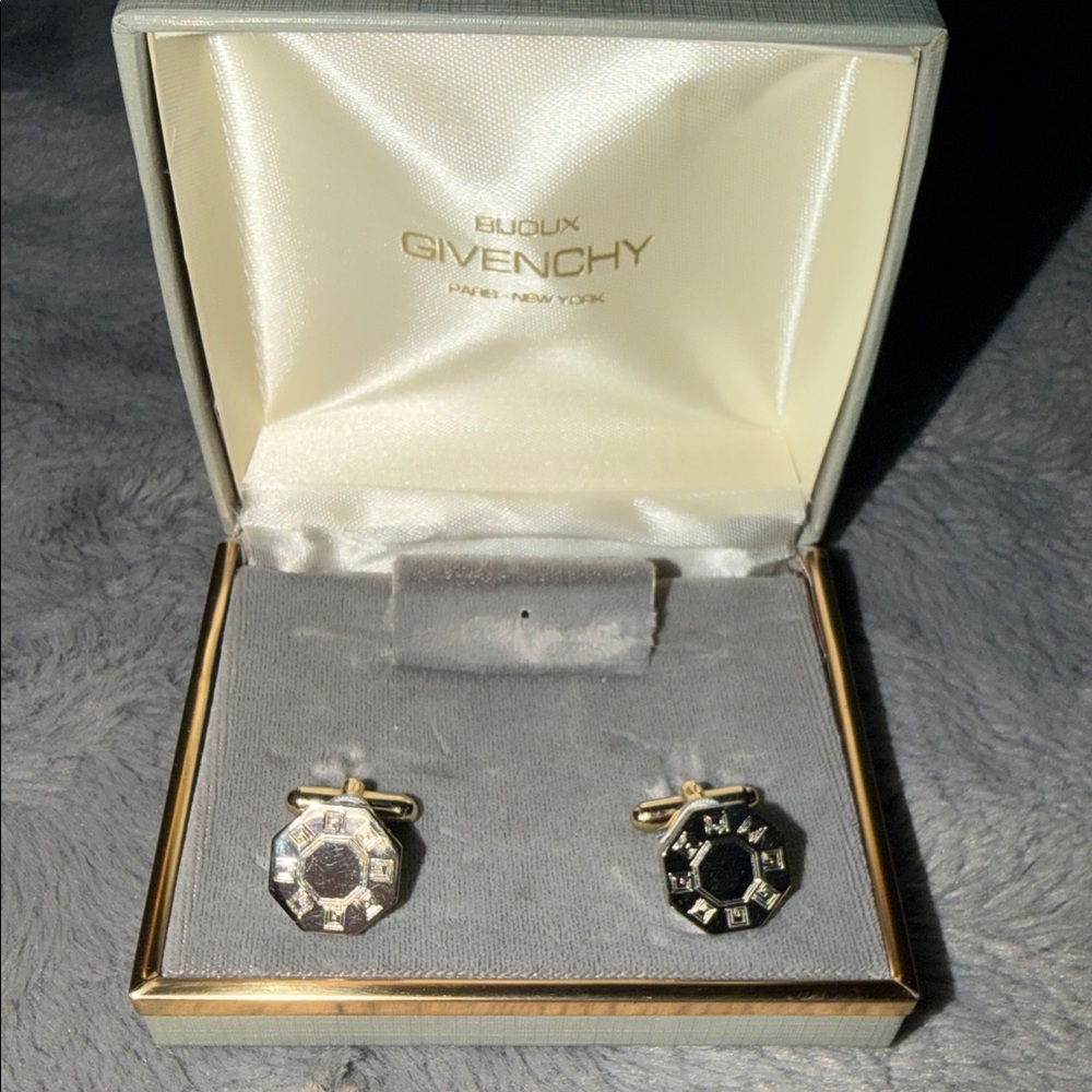Preloved Givenchy Gold and Black Hexagonal Cufflinks with box great condition